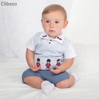 3pcs children spanish clothes set boys embroidery soldier clothing suit baby white shirt blue shorts knitted vest spring autumn