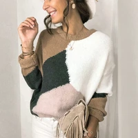 autumn and winter sweater round neck loose contrast color stitching casual knitted sweater