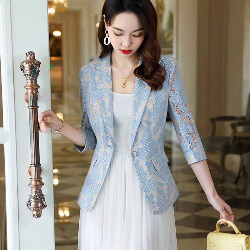 2023 New Lace Hollowed Out Women Suit Jacket Spring Summer Thin New Korean Fashion Temperament Slim Women Small Suit Jacket