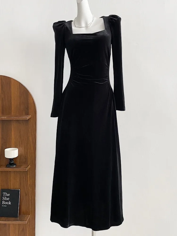 Женское бархатное платье-трапеция Элегантное длинное черное платье во