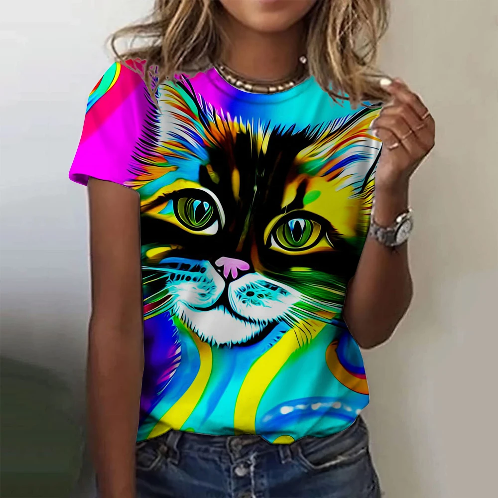 

Fashion Womens T-shirt 3D Kawaii Cat Print Colorful Tees Tops 2023 New Harujuku Animal Short Sleeve T Shirts Loose Woman Clothes