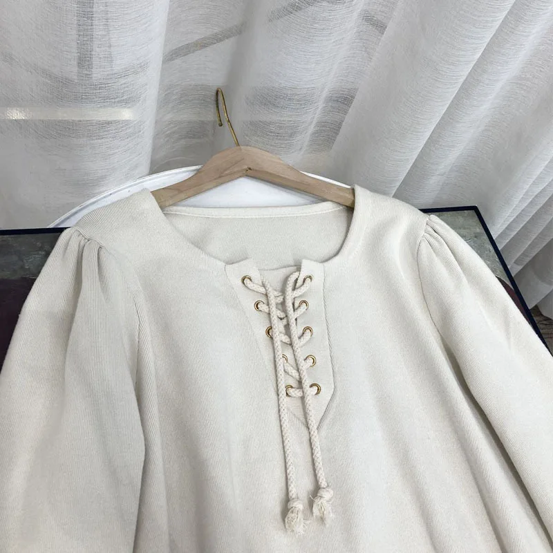 

Draw String White Knitted Pullovers Sweater Lantern Sleeves O-Neck Casual Jumpers Tops Women Clothing