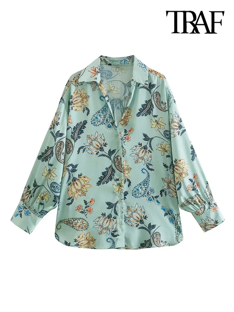 

TRAF Women Fashion Floral Print Soft Touch Shirts Vintage Long Sleeve Button-up Female Blouses Blusas Chic Tops