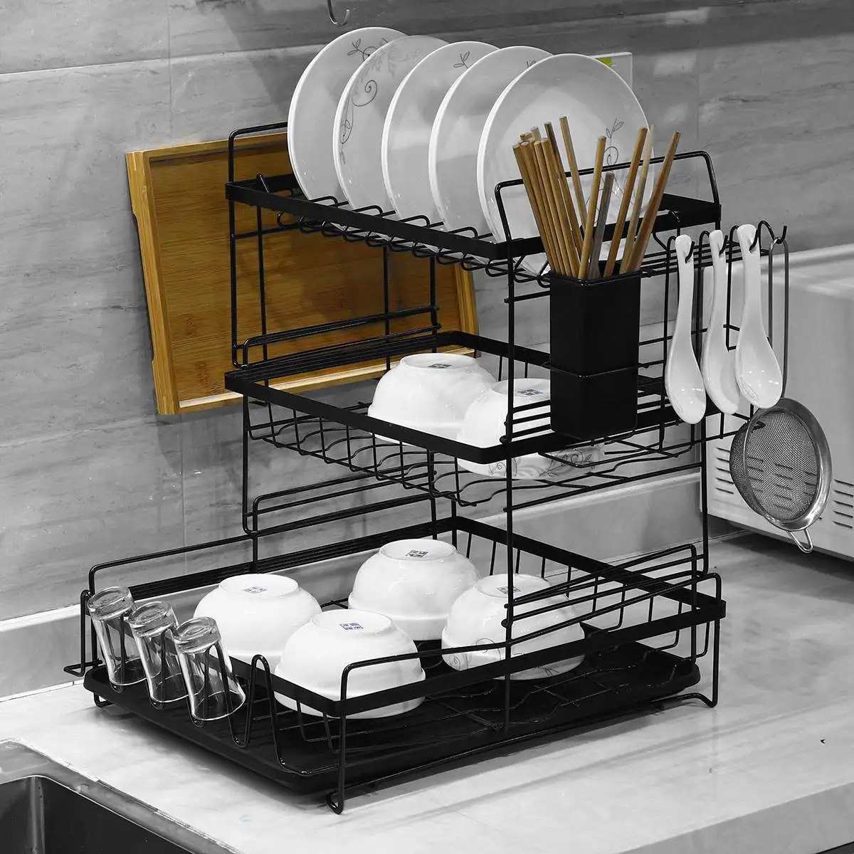 

Dish Drying Storage Rack Holder with Drainboard Plate Cup Spoon Drainer Shelf Countertop 2/3 Tier Kitchen Utensil Organizer 2022