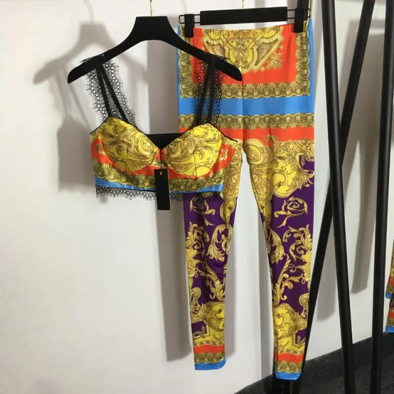

Vintage Printed Lace Strap Tube Top + Slim Fit Tight Stretch Leggings Boho Sexy Set Luxury Brand Summer Vacation Women Clothing