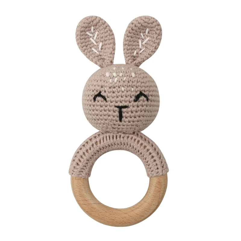 

77HD Baby Rattle Toys Cartton Bunny Crochet Wooden Rings Rattle DIY Crafts Teething Rattle Amigurumi For Baby Cot Hanging