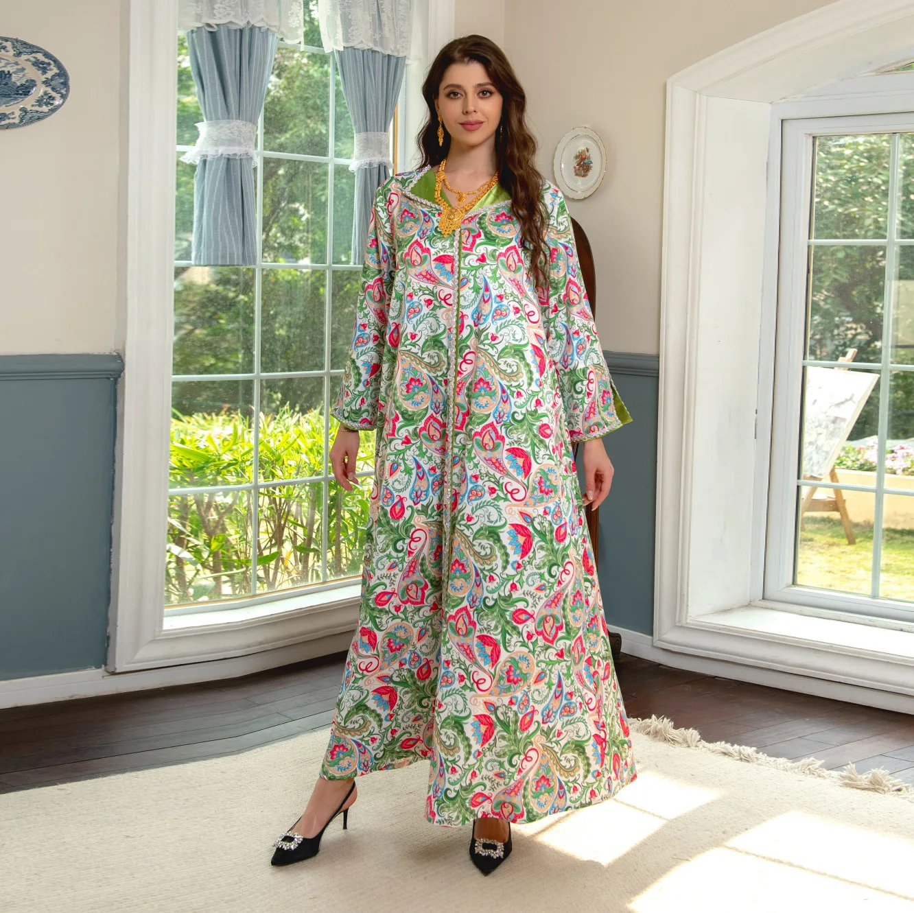 Muslim Women's 2023 Summer Abaya Long sleeved Women's Robe Printed Colorful Iron Diamond Fashion Light Luxury Women's Dress