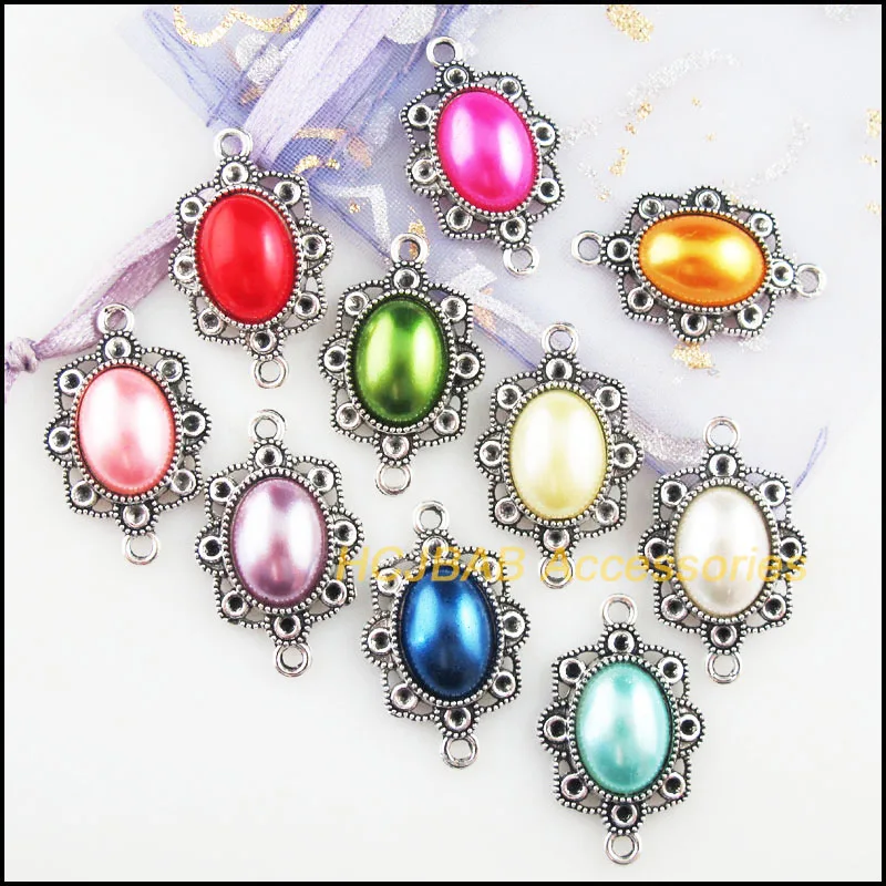 10 шт. тибетские посеребренные ретро овальные смешанные акриловые