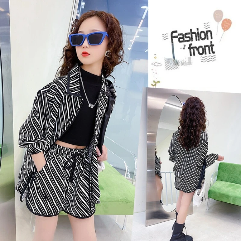 

Girls Summer Clothing Sets 2022 New Children's Clothing Fashion Stripe Sports Two Piece Suit 13 14 Y Teens Kids Shorts Tracksuit