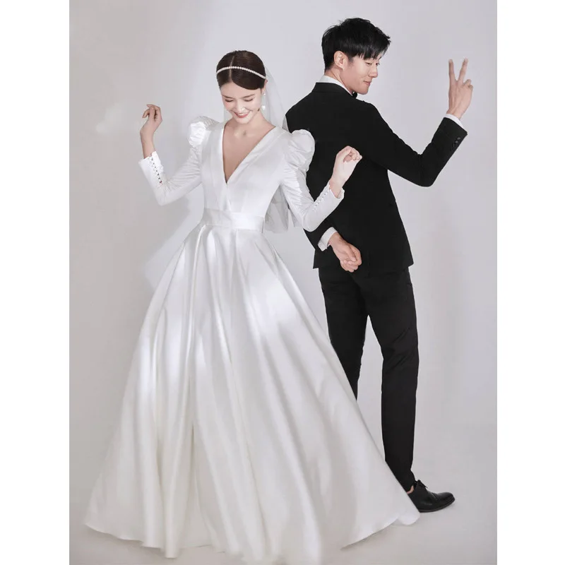 

Sexy Deep V-neck Robe De Mariee 2023 New Satin Long Sleeve Elegant Wedding Dress Vintage Simple Sukienki Na Wesele Damskie