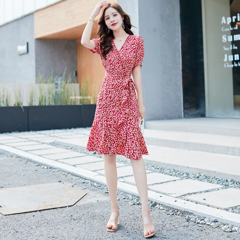 

Summer Women's Dress Floral Chiffon Printed Fishtail Skirt V Neck Short Sleeve Beach Dress for Women