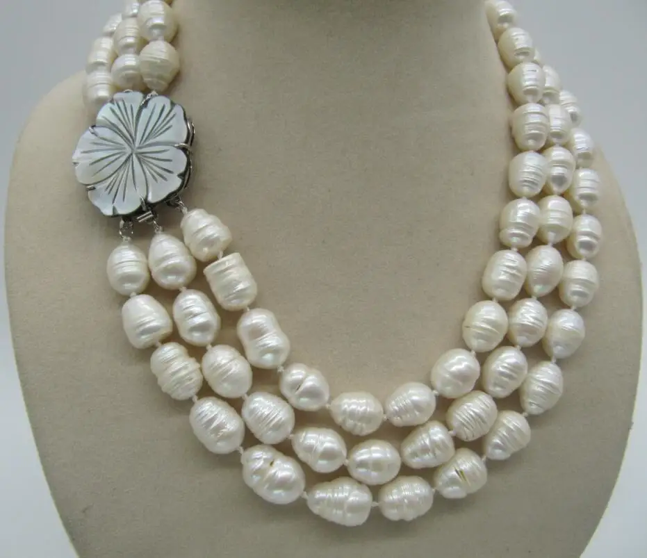 

3 ряда 9-10 мм Натуральное белое жемчужное ожерелье в стиле барокко ЮЖНОГО МОРЯ 17-19 дюймов красивое