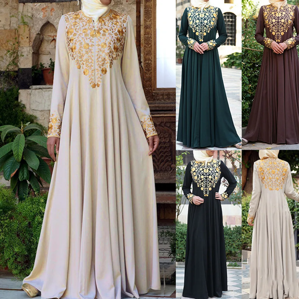 2022 Spring Women New Casual Muslim Simple Ethnic Print Fashion Dress