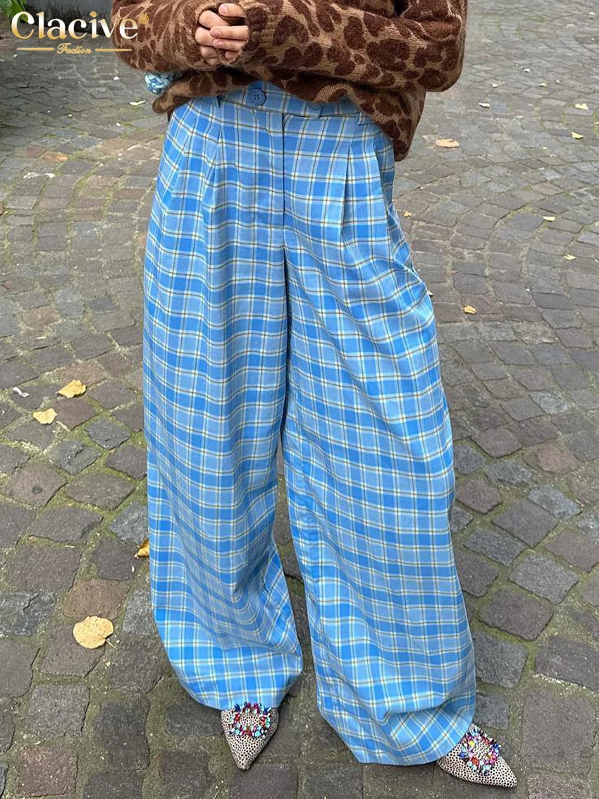 Модные свободные женские брюки Clacive в клетку с принтом 2024 винтажные широкие