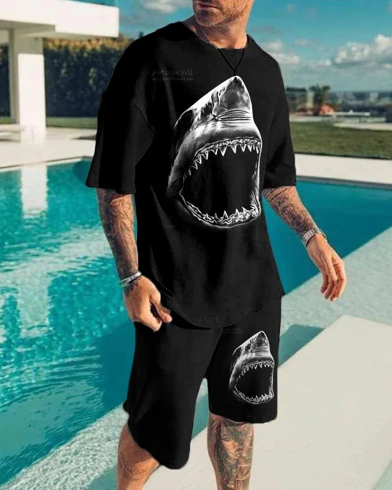 Men's Clothes Fashion Casual Two-Piece Sets Oversized O Neck Summer  3D Print Tracksuits Men Suit Animal Eagle Pattern T-Shirt