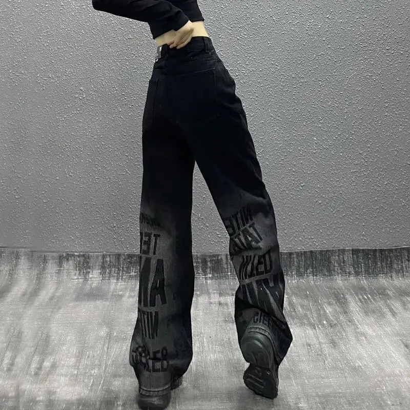 

Женские джинсы в стиле эмо, черные готические уличные джинсы в стиле Харадзюку, винтажные брюки из денима с высокой талией, свободные брюки ...