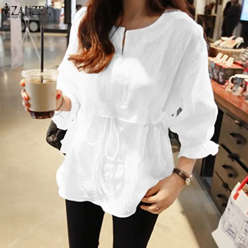 

ZANZEA Весенняя однотонная Макси-рубашка для отдыха Повседневная Блузка 3/4 с пышными рукавами женская винтажная рубашка с V-образным вырезом н...