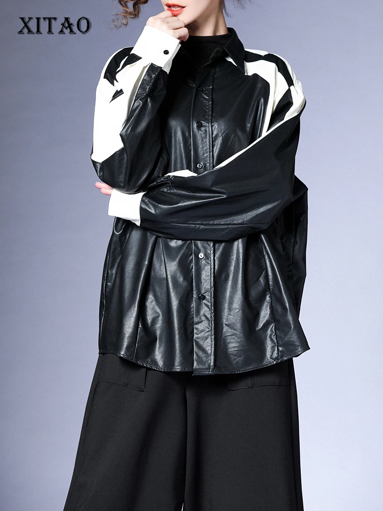 XITAO Black Whiter Splicing Faux Leather Women Coat Loose Fashion Personality Simplicity Casual Turn-down Collar Pu Coat FBB1210
