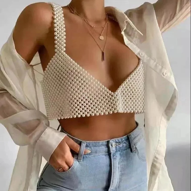 

Eleghant Women Crochet Pearls Tanks Bralette Hollow Out Grid Camisole Sexy Handmade Pearls Beading Camisole Exterior Vest New