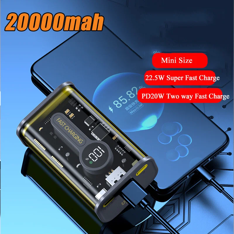 

PD22.5W Transparent 20000mAh Power Bank Fast Charging External Battery for iPhone 12 Pro/Huawei/Xiaomi Smartphone Mini Powerbank