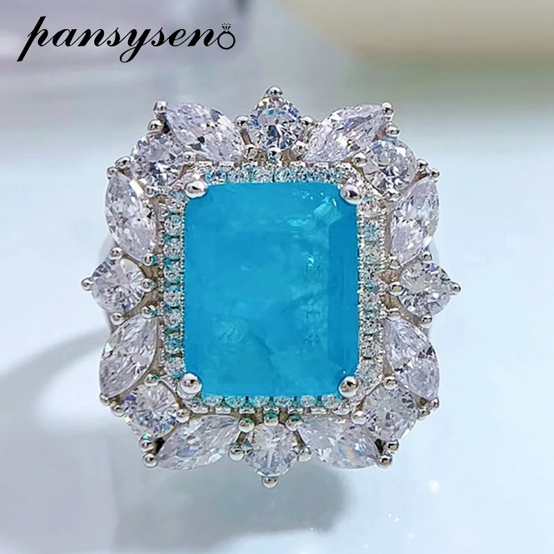 

PANSYSEN 100% 925 Sterling Silver Paraiba Tourmaline Created Moissanite Gemstone Party Cocktail Ring Fine Jewelry Gift Wholesale