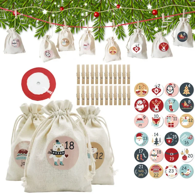 

24Days Christmas Advent Calendar Bags Advent Calendar Gift Bags DIY Set Paper Stickers Christmas Decor Calendario De Adviento