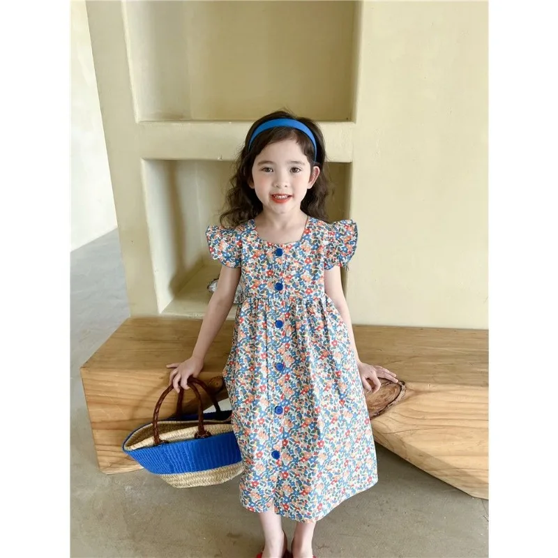 

90-140cm Girls Summer Sleeveless Dress 2023 New Lace Up Floral Dress Flying Sleeve Single Breasted Tank Top Flower Girl Dresses