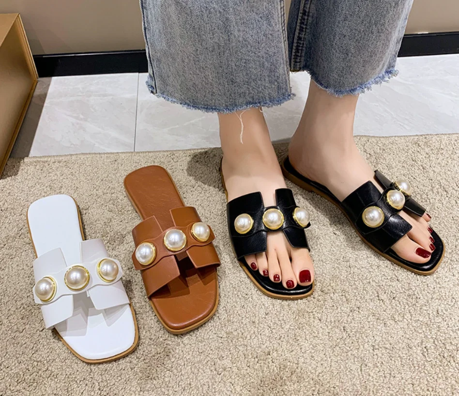 Slippers Women's 2022 new flat shoes Party shoes Fashion pearl sandals Slippers Roman women's casual beach shoes Fashion shoes