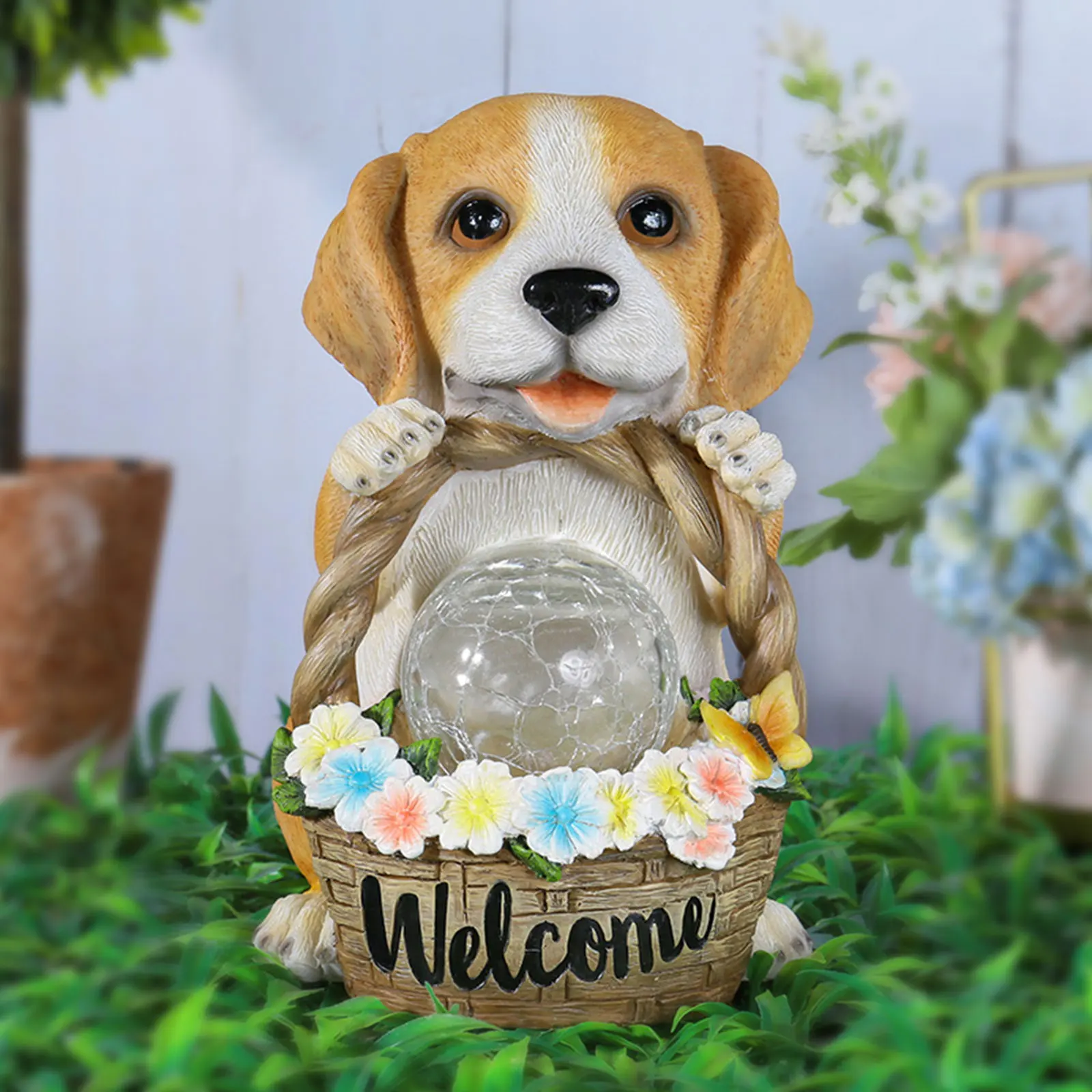 

Resin Sculpture Waterproof Lighted Solar Dog Statues Figurines Welcome Signs Home Outdoor Garden Yard Decoration