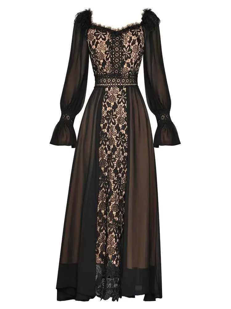 Женское платье в дворцовом стиле с длинным рукавом и кружевной вышивкой