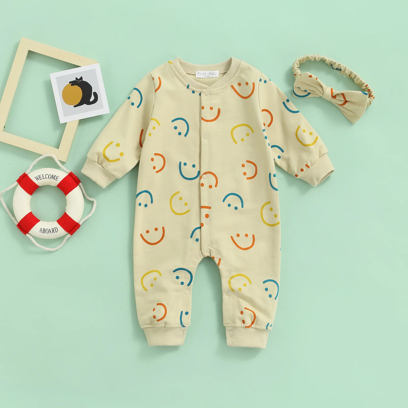 

Spring Autumn 2Pcs Infant Baby Girls Casual Bodysuits Newborns Long Sleeve Smile Face Print Button Down Rompers Headband Set