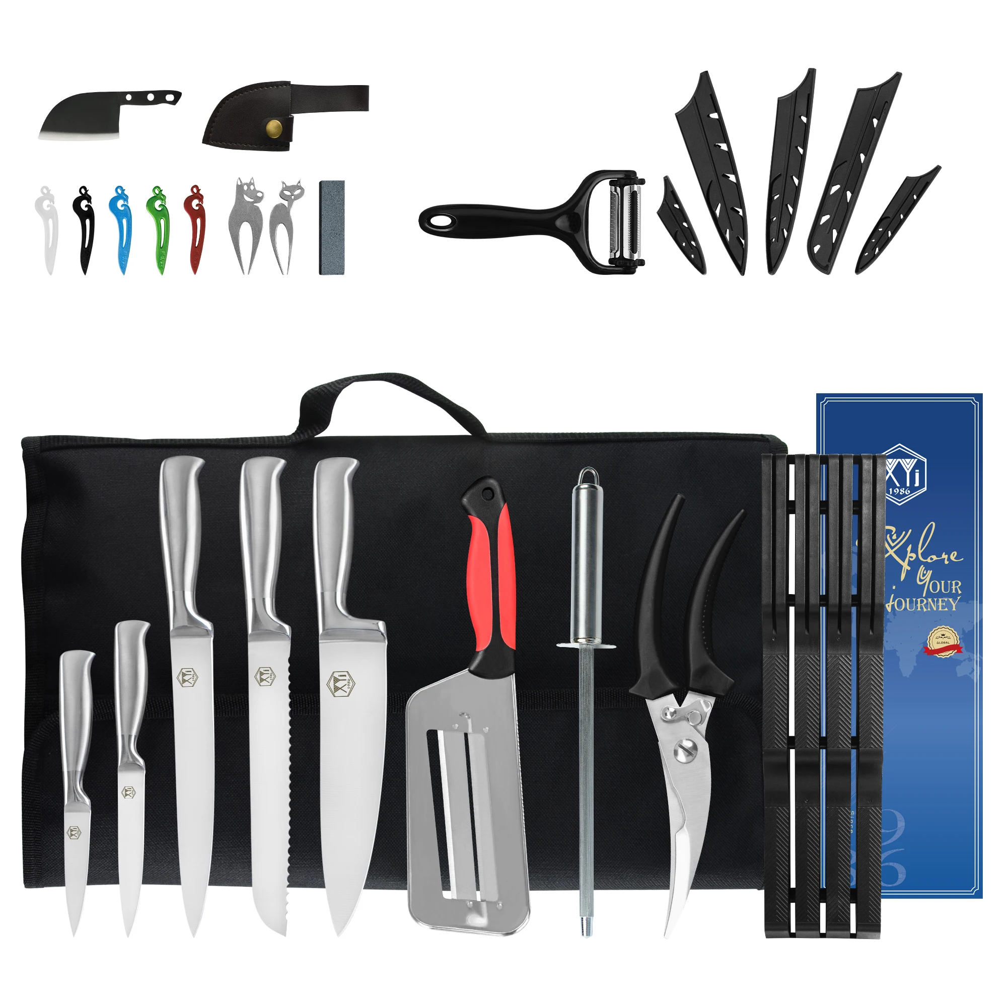 

XYj Kitchen Knife Tool Set Stainless Steel Chef Slicing Bread Utility Paring Knives Scissor Sharpening Bar Roll Bag Knife Holder