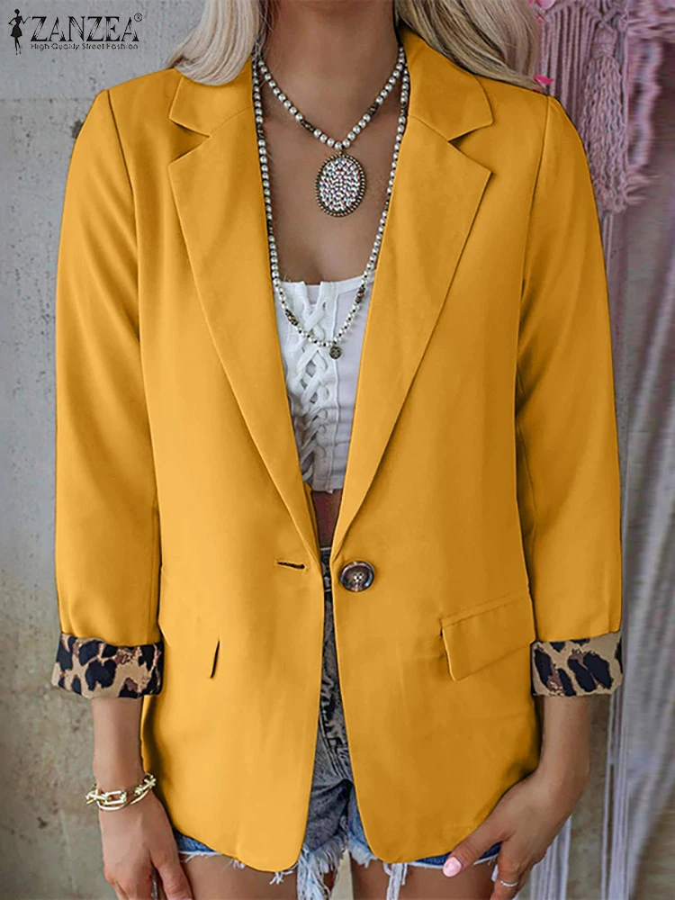 ZANZEA Elegant Office Wear Blazer 3/4 Sleeve Autumn Fashion Leopard Print Cuffs Suit Coats Suit Collar Casual Loose Women Blazer