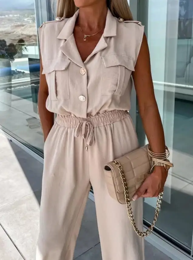 Women Jumpsuit 2023 Summer Fashion Notched Collar Sleeveless Casual Pocket Design Plain Drawstring Shirred Daily Cuffed Jumpsuit
