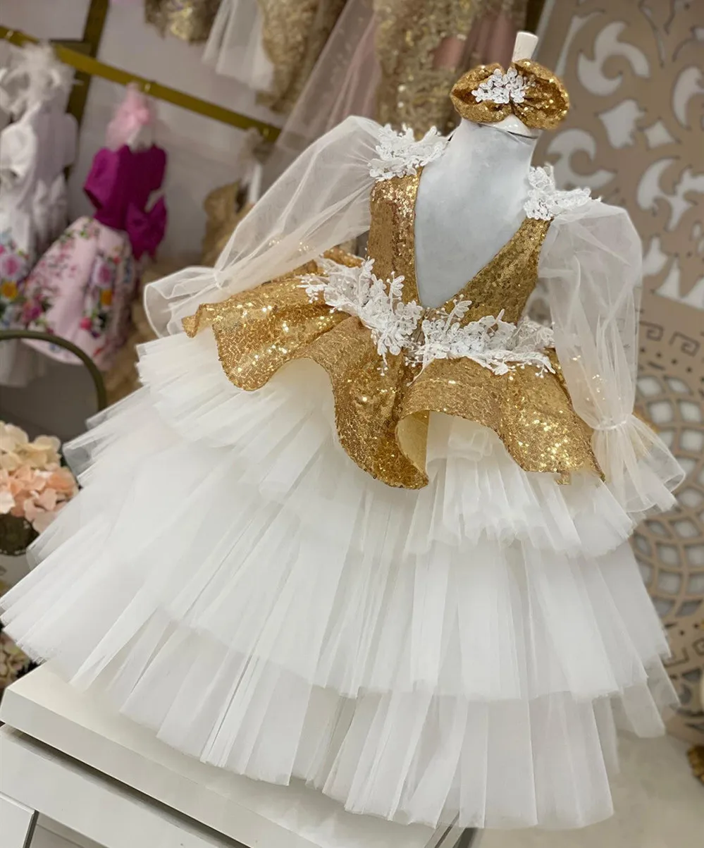 

Бальное платье с длинным рукавом, цветочные платья для девочек, кружевные Детские платья с блестками и V-образным вырезом, открытой спиной, п...