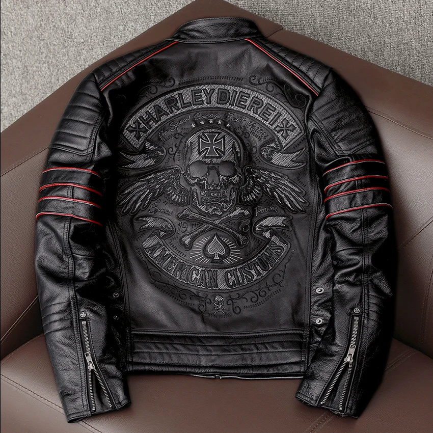 

Men's Spring Original Leather Motorcycle Jacket 2022 Skull Embroidery Top Layer Cowhide Clothing Slim Fit Black Slim Male Coat