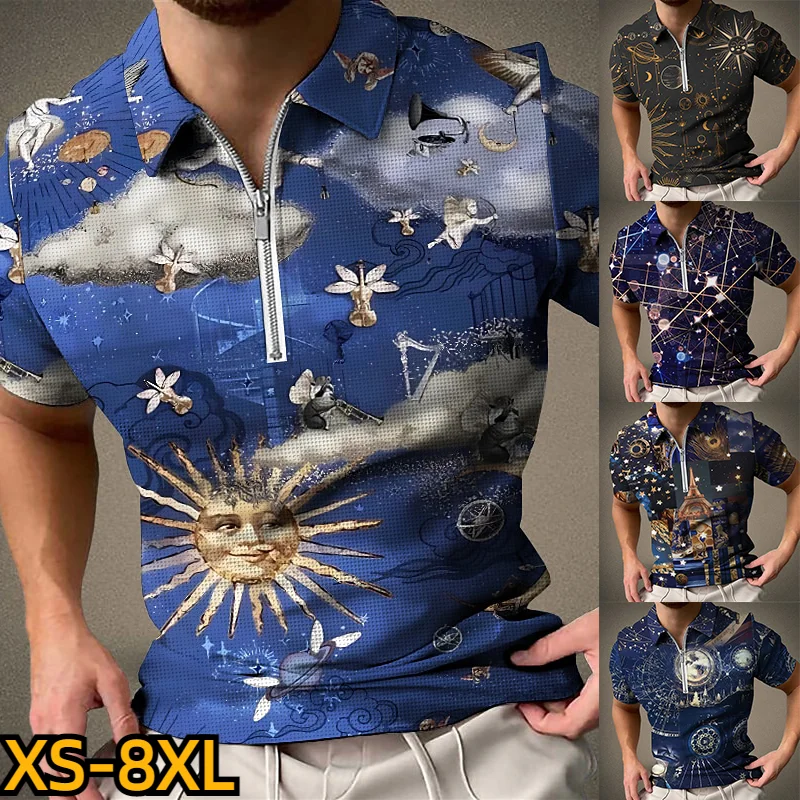 

Мужская Повседневная рубашка-поло, пуловер в стиле ретро, уличная одежда, летняя мужская футболка с принтом и лацканами, модный топ на молнии, новинка 2023