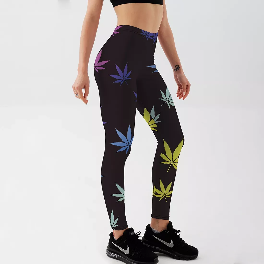 

2022New Fitness Leggings Workout Casual Pants Trousers Maple Leaf Printed High Waist Black Pants S-XXXXL