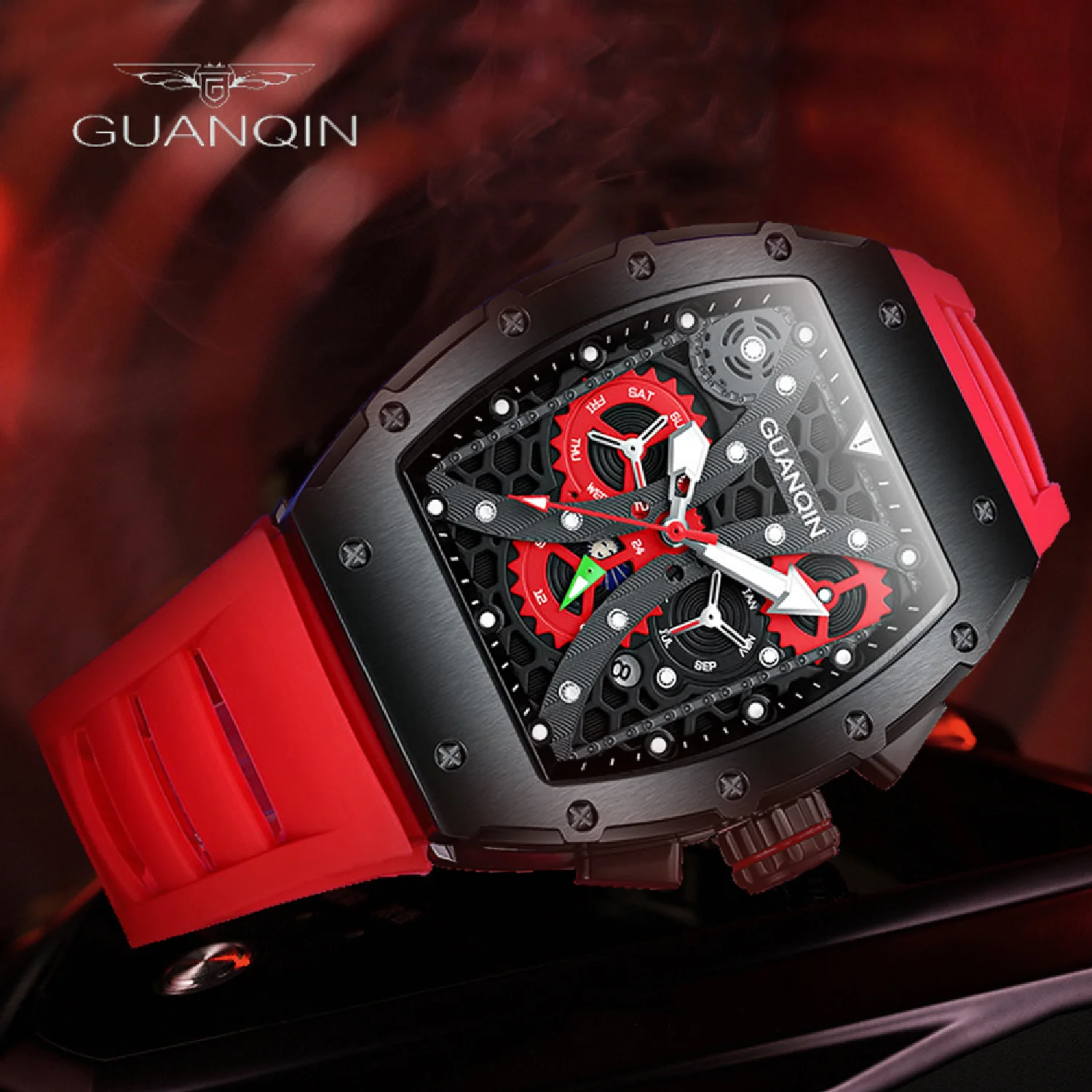 

GUANQIN New Mens Watches Tourbillon Mechanical Automatic Watch For Men Skeleton Sapphire Mirror Sports Rubber Strap Reloj Hombre