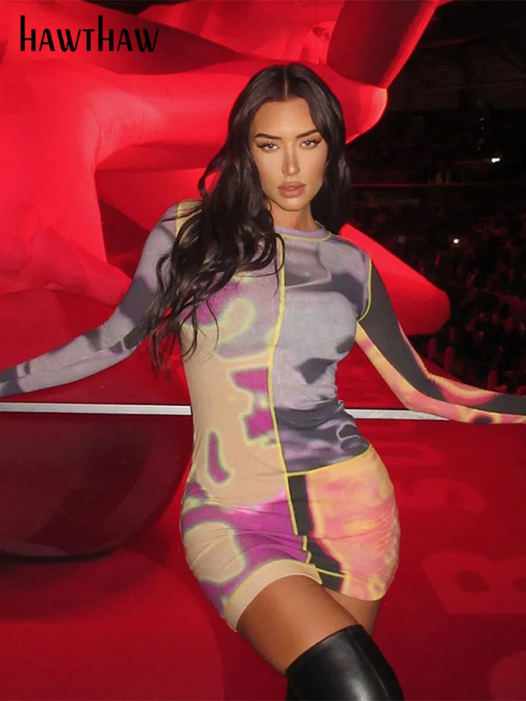 

Hawthaw Women Long Sleeve Patchwork Bodycon Party Club Streetwear Mini Dress 2022 Autumn Clothes Wholesale Items For Business