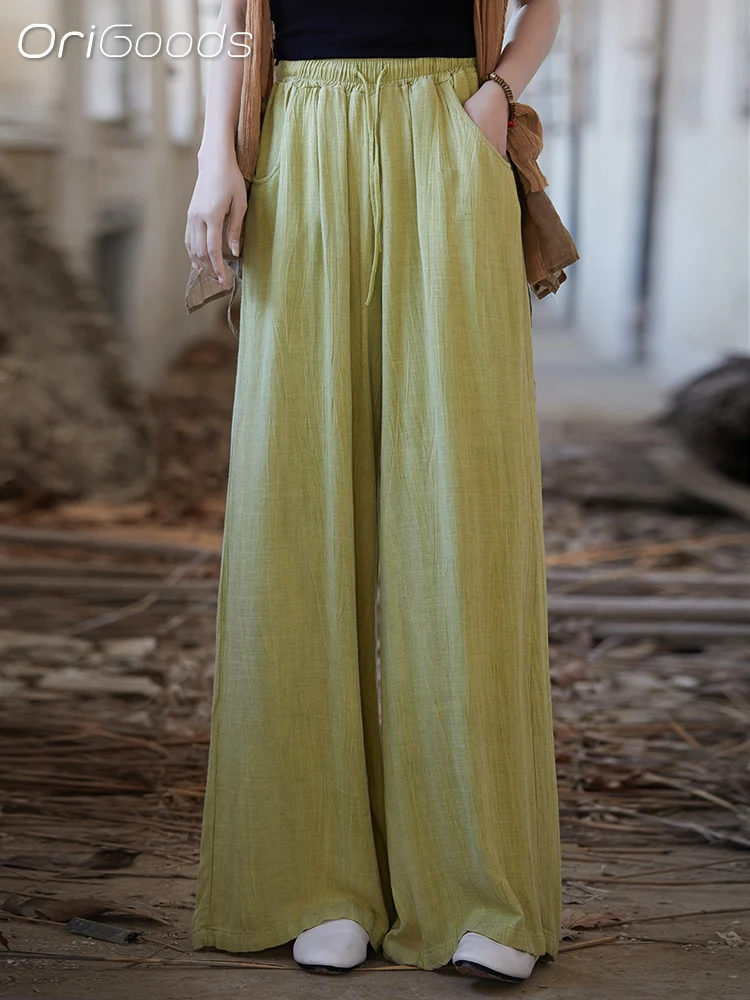 Женские широкие брюки из гладкой тонкой ткани с поясом на резинке