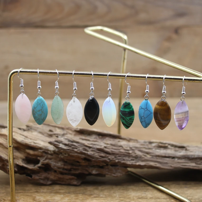 

Natural Stone Olivary Earrings Healing Crystal Quartz Lapis Oval Bead Dangle Hook Eardrop Reiki Jewelry Women Gift QC7038