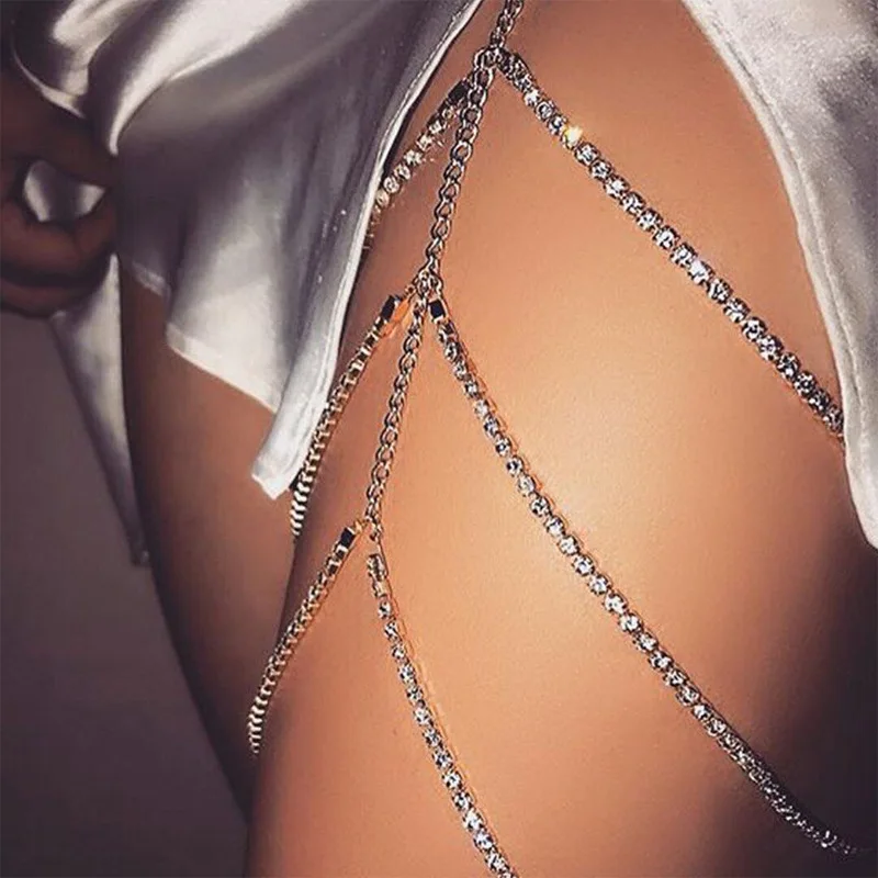 

Leg Chain for Women Metal Sexy Body Chain for Leg Thigh Harness Jewelry Beach Rhinestones Four Layers Gold Color Waist Chains