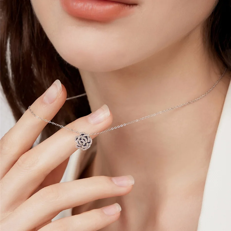 ALLNOEL 100% серебро 925 пробы ожерелье для женщин оригинальная черная эмаль цветок