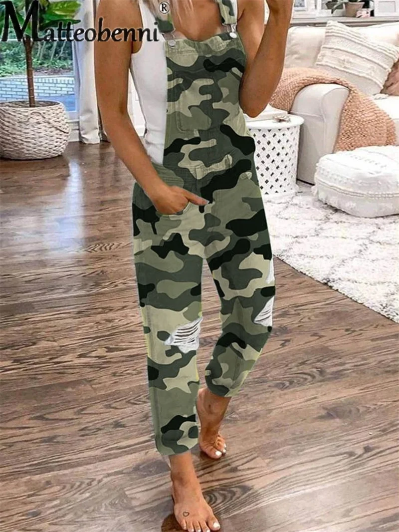 Fashion Broken Holes Straight Jeans Splicing Pocket Strap Pants Women's Street Casual Versatile Basic Jumpsuit Female Rompers 23