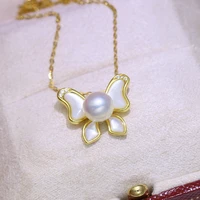 meibapj 8 9mm natural pearl fashion butterfly golden pendant necklace 925 sterling silver fine wedding jewelry for women
