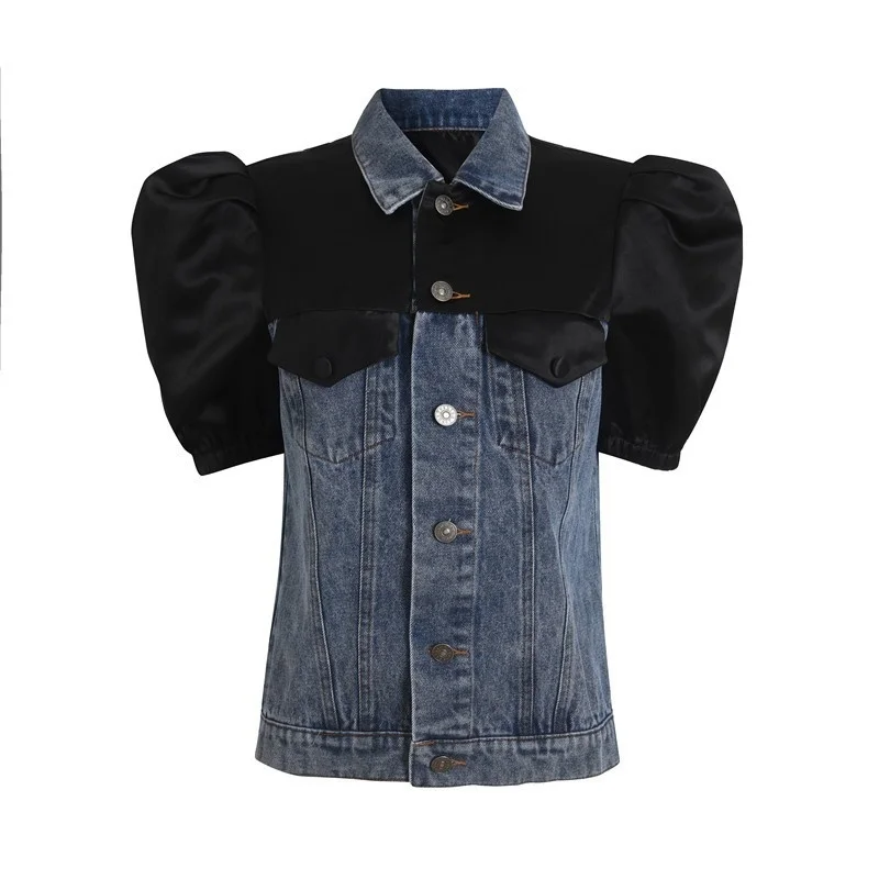 Fashion Women Loose Spliced Denim Puff Sleeve Short Tops Female Summer Sweet Single Breasted Cowgirl Jackets