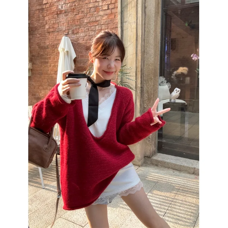 Ранняя осень новый французский свитер в стиле ретро ленивый светр ярких цветов с