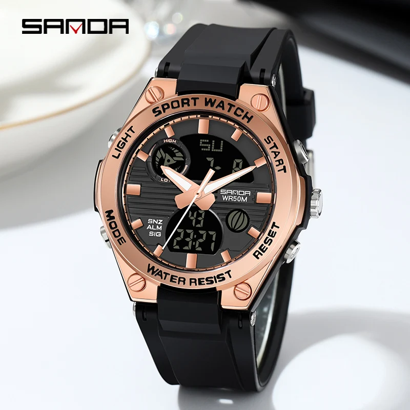 SANDA Women Luminous LED Dual Display Sports Electronic Watch Watch 50M Waterproof Wear Resistant Fashion Gold Plated Case 6067 enlarge