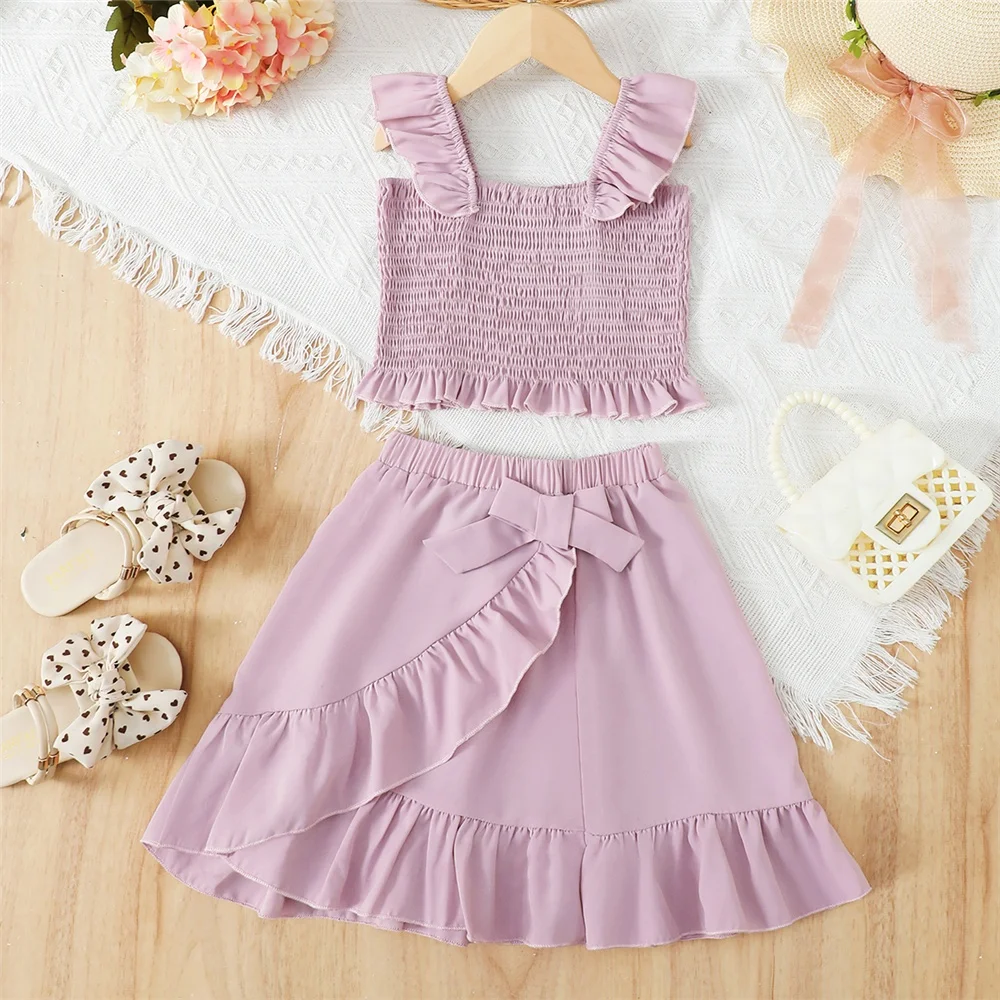 

Комплект детской одежды в стиле ретро для девочек 4-13 лет, фиолетовый топ на бретелях и юбка, красивый летний комплект из 2 предметов